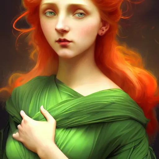 Image similar to a beautiful stunning fantasy whimsical matte digital portrait illustration of a pretty womam with bright green eyes and fiery red hair with a green bird on her shoulder, in the style of William Adolphe-Bouguereau and Marc Simonetti, magic the gathering, trending on artstation, contest winner