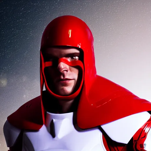 Image similar to headshot of a tall athletic muscular infantry man in glossy sleek white armor with tiny red details and a long red cape, heroic posture, strong jawline, on the surface of mars, night time, dramatic lighting, cinematic, sci-fi, hyperrealistic