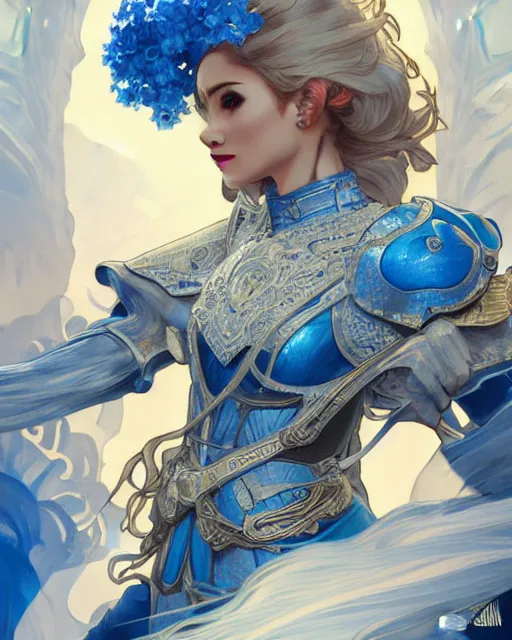 Image similar to movie poster of young blonde girl in blue and white armor, high fantasy, intricate detail, digital painting, artstation, concept art, smooth, sharp focus, illustration, art by Fernanda Suarez and Artem Demura and alphonse mucha