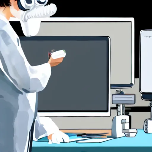 Image similar to An anthropomorphic grey dolphin in a white lab-coat playing games on a computer, digital painting, close-up, wearing a headset