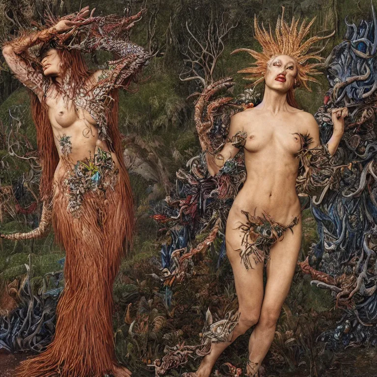 Prompt: a grinning druid dryad with fish skin transforming herself into a mad beast. her skin is covered in scales and feathers. landscape with mountains, river and night sky. painted by jan van eyck, max ernst and ernst haeckel, trending on artstation, 8 k, award winning, hard lighting, fashion editorial, mythology