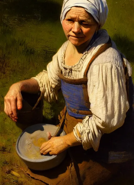 Prompt: portrait of a washerwoman on the riverbank, detailed realism face in painting, detailed beautiful portrait, oil painting masterpiece, 8 k resolution, smooth, sharp focus, trending on artstation, by rembrandt