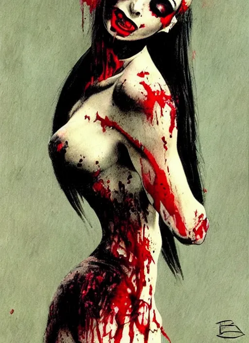 Image similar to portrait of bald iranian vampiress, strong line, saturated color, beautiful! coherent! by frank frazetta, high contrast, blood splatter background