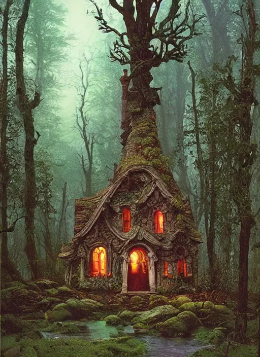 Image similar to hyper realistic witch cottage rococo in the woods gorgeous lighting, highly detailed, lush forest painting by zdzisław beksinski and norman rockwell and greg rutkowskiweta studio, and lucasfilm