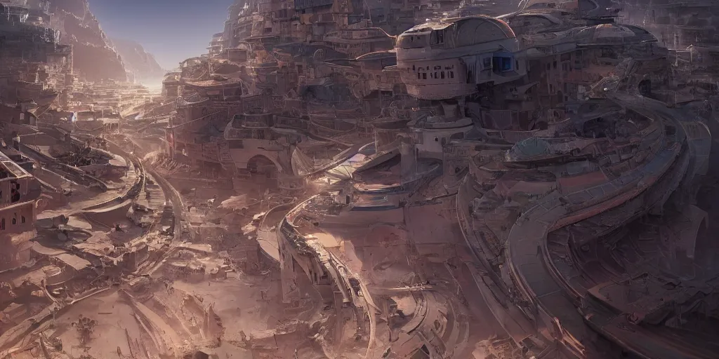 Image similar to Futuristic Morocco, beautiful dynamic lighting, cinematic, wide angle establishing shot, extremely high detail, photo realistic, cinematic lighting, post processed, concept art, artstation, matte painting, style by eddie mendoza, raphael lacoste, alex ross, volumetric lighting, light rays, photorealistic, ultrarealistic, moody, coronarender, 8k