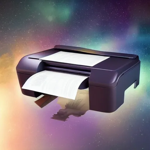 Image similar to high quality digital art of a printer floating in space printing out a long sheet of paper covered with writing, trending on artstation