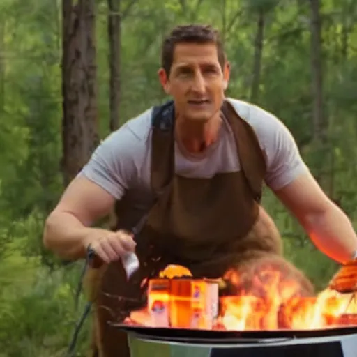 Image similar to film still of bear grylls dressed as a bear at a bbq grill party