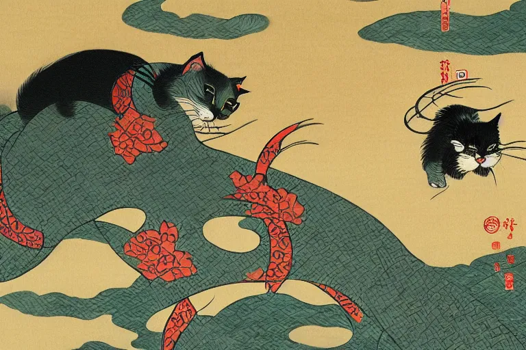 Image similar to cat in rain attacking Tokyo, ukiyo-e print, masterpiece, masterwork, artstation