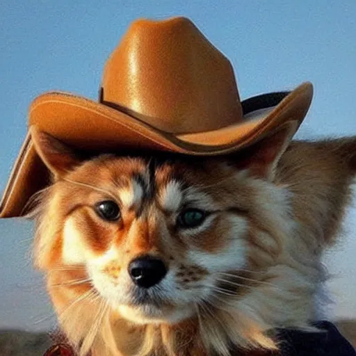 Image similar to siberian cat in a cowboy hat riding a corgi, wild west, sunset. no dude, for real, i want a siberian felis catus wearing a cowboy hat, riding a corgi canis. i dont want any cat hybrids, dogs ruding dogs or girls!!!!