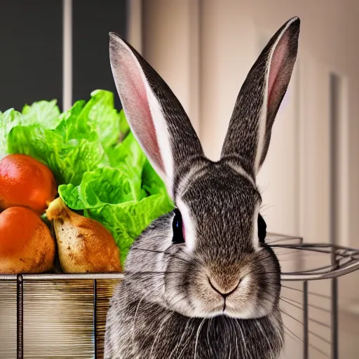 Prompt: Rabbit laying down in a cage, eating lettuce, half black half white, very furry, pink nose, at home, close up, National Geography , photorealistic, ultra-detailed, 4k high resolution, HDR shot