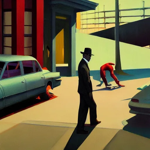 Prompt: LA noir detectives on crime scene, very coherent, painted by Edward Hopper, Wayne Barlowe, painted by James Gilleard, airbrush, art by JamesJean