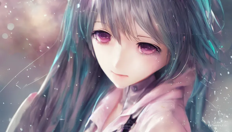 Image similar to cute anime girl by wlop, detailed eyes, heterochromia, bright eyes, closeup, happy expression, short minidress, light clothing, light rain, hyper real, detailed digital art, hatsune miku, photorealistic