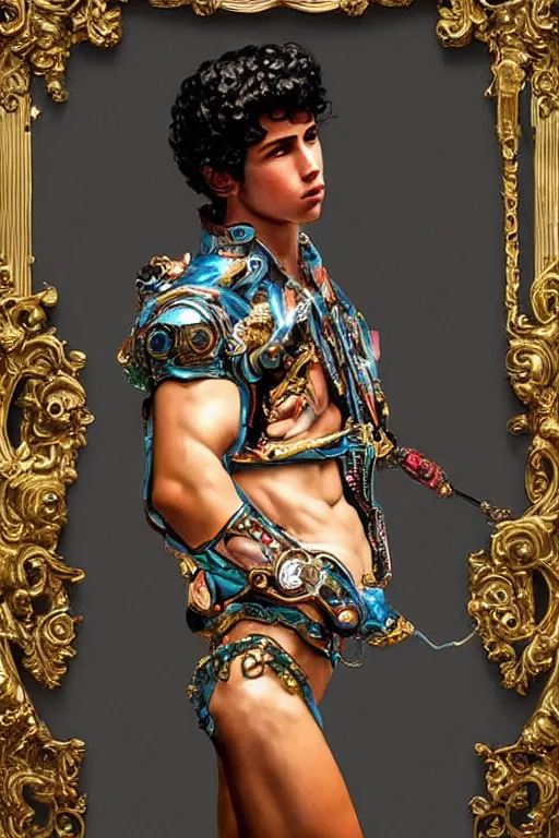 Image similar to full-body bladerunner neon rococo style sculpture of a young handsome Spanish Nick Jonas as a half cibernetic android with a chest opening exposing circuitry and electric sparks, glowing laser beam eyes, crown of giant diamonds, flowing neon-colored silk, fabric, raptors. baroque elements. full-length view. baroque element. intricate artwork by caravaggio. many many birds birds on background. Trending on artstation, octane render, cinematic lighting from the right, hyper realism, octane render, 8k, depth of field, 3D