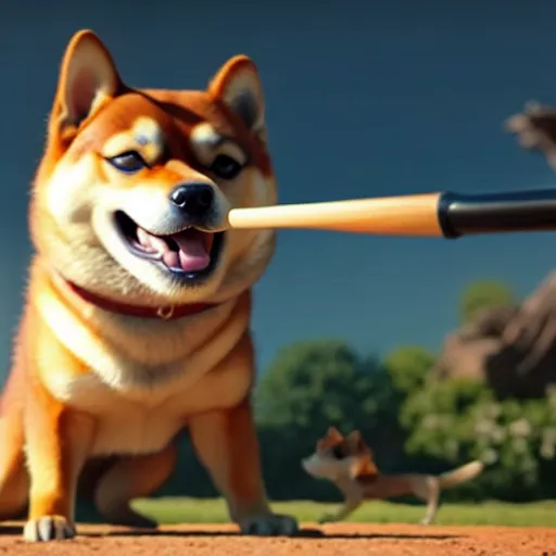 Prompt: weta disney pixar movie still photo of funny shiba inu with baseball bat : : dog by pixar : : giant sign that says bonk : : by weta, greg rutkowski, wlop, ilya kuvshinov, rossdraws, artgerm, octane render, iridescent, bright morning, anime, liosh, mucha : :