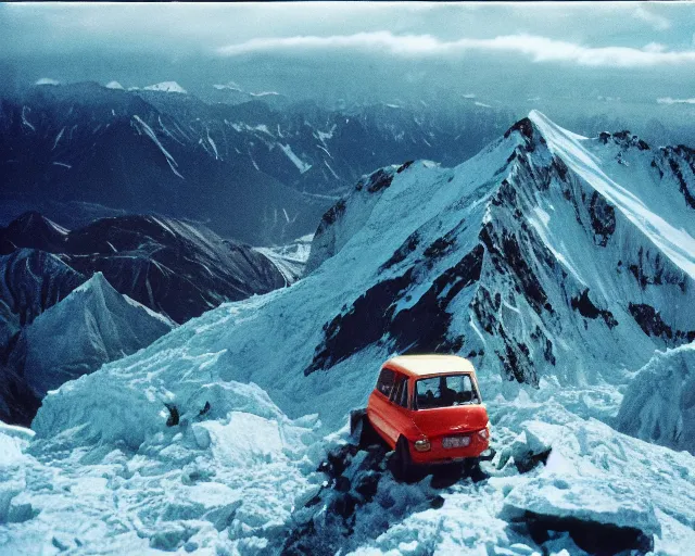 Image similar to a lomographic photo of old lada 2 1 0 7 standing on top of the mount everest, cinestill, bokeh