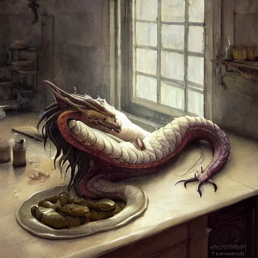 Prompt: prompt Sweet dragon, sleeping on the kitchen counter of a magical bakery, oil painting, by Fernanda Suarez and Edgar Maxence and greg rutkowski