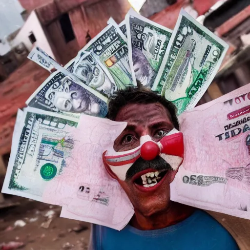 Image similar to A clown holding a dollar banknote, background is a slum, cinematic, epic, highly-detailed, photo realistic