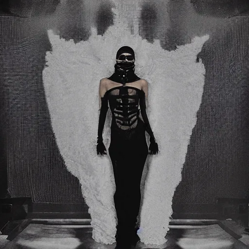Prompt: bella hadid as maison margiela model on rammstein show. alexander mcqueen best fashion performance. exposure. mysterious. tape photo. processing. lost photo. deep dream effect. award wining photography.. perfect composition. photography masterpiece.