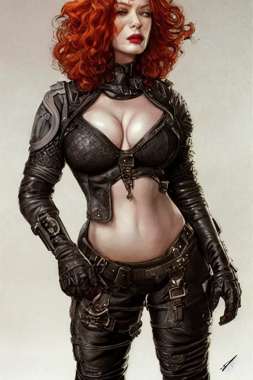 Image similar to muscled Christina Hendricks as a ruggedly handsome heroine , dressed in biker leather, intricate, elegant, highly detailed, centered, digital painting, artstation, concept art, smooth, sharp focus, illustration, art by artgerm and donato giancola and Joseph Christian Leyendecker, Ross Tran, WLOP