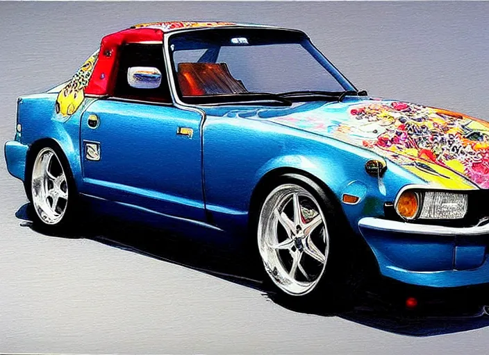 Image similar to beautiful yoshitaka amano art of a datsun fairlady roadster detailed painting