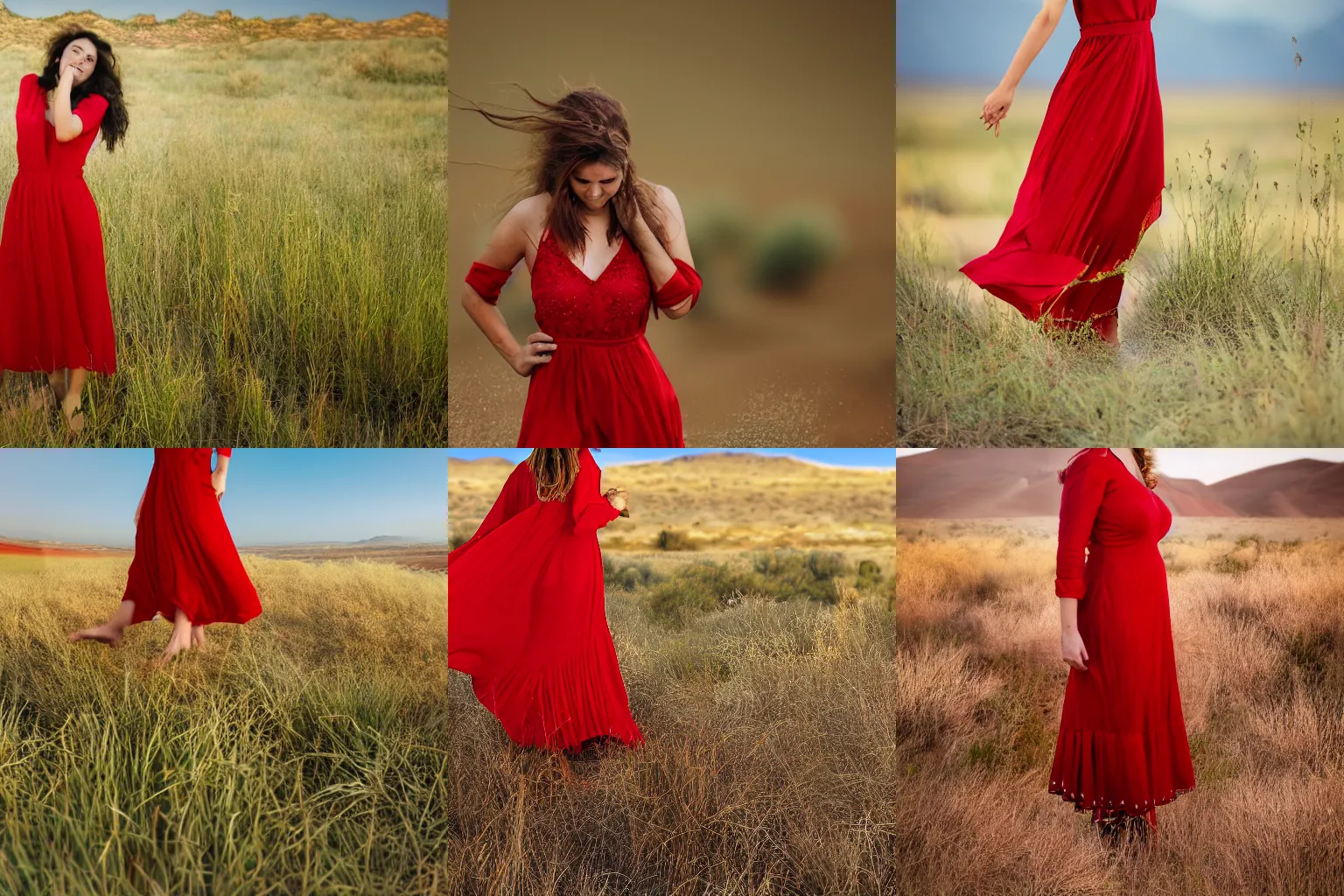 Prompt: realistic high res phot of a woman wearing red dress in the desert with grass growing near her feet and water dripping from her hair, HD, 8k, 85mm sigma art lens