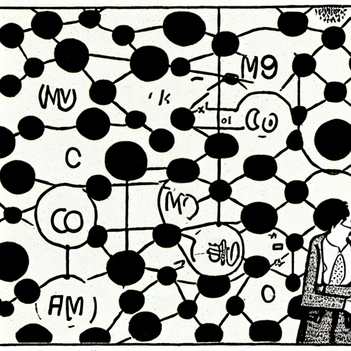 Image similar to a still frame from comic strip, a chemistry molecule model 1 9 5 0, herluf bidstrup, new yorker illustration, monochrome contrast bw, lineart, manga, tadanori yokoo, simplified,