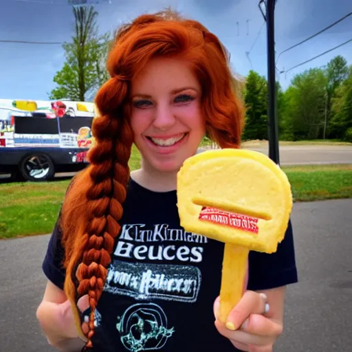 Prompt: photo of a young woman with auburn hair with a single braid, freckles, green eyes, and a kentucky fried chicken employee shirt, holding a piece of cheese shaped like kentucky