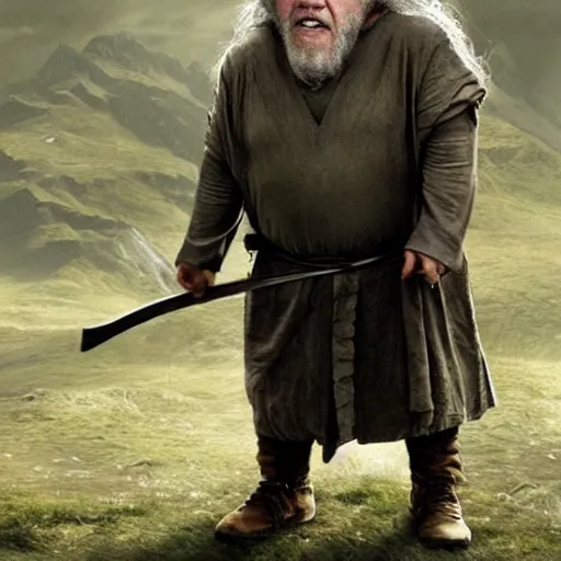 Image similar to danny devito starring as gandalf the white in the 2 0 2 4 lord of the rings movie, full body, hyper realistic, high quality, wide angle, always sunny in philadelphia