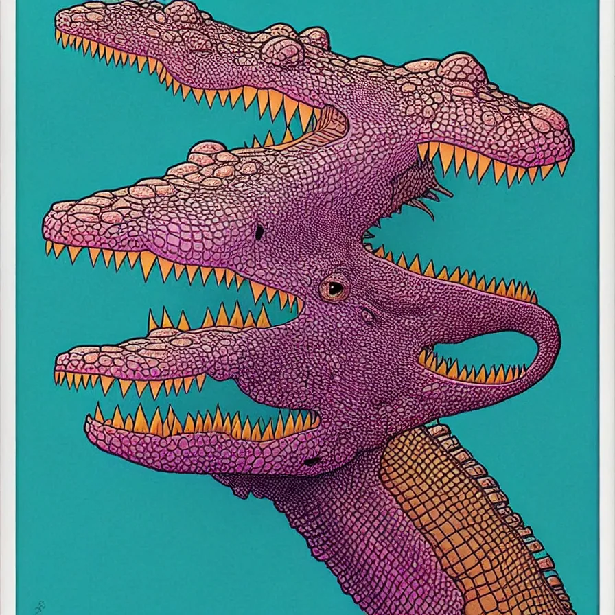 Image similar to ( ( ( ( beautiful crocodile surrounded by decorative frame design ) ) ) ) by mœbius!!!!!!!!!!!!!!!!!!!!!!!!!!!, overdetailed art, colorful, artistic record jacket design