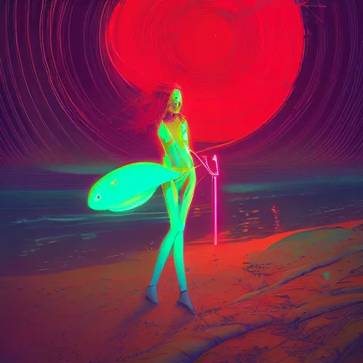 Prompt: portrait of beautiful woman in a neon bikini on a bioluminescent beach, artstation winner by victo ngai, kilian eng and by jake parker, by conrad roset, swirly vibrant color lines, winning award masterpiece, fantastically gaudy, aesthetic octane render, 8 k hd resolution