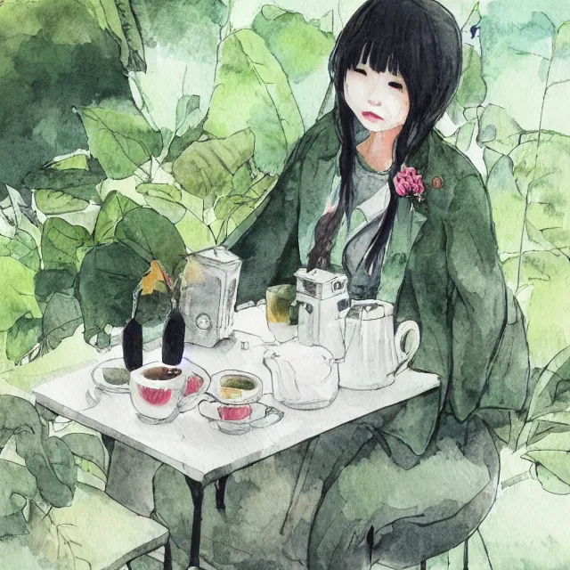 Prompt: hanako tanaka drinking coffee in the botanical garden. watercolor by the award - winning concept artist
