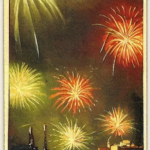 Prompt: fireworks, 1920s art deco, by Telemaco Signorini, vintage postcard