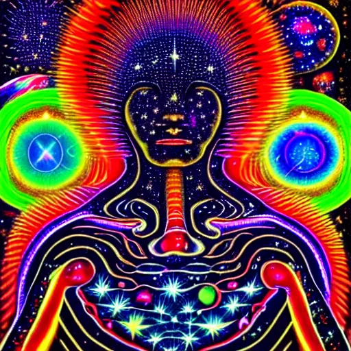 Image similar to A psychedelic silhouette of a human body filled with the universe, planets, stars and galaxies in the style of Alex Grey