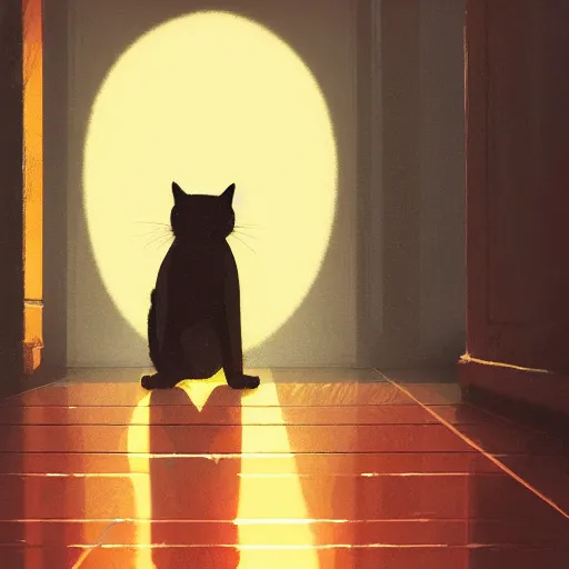 Image similar to close up of a cat stretching, in a house hallway, silhouette, warm colors, beautiful composition, by Atey Ghailan, by Craig Mullins and Dan Mumford, digital art, matte painting, trending on artstation,