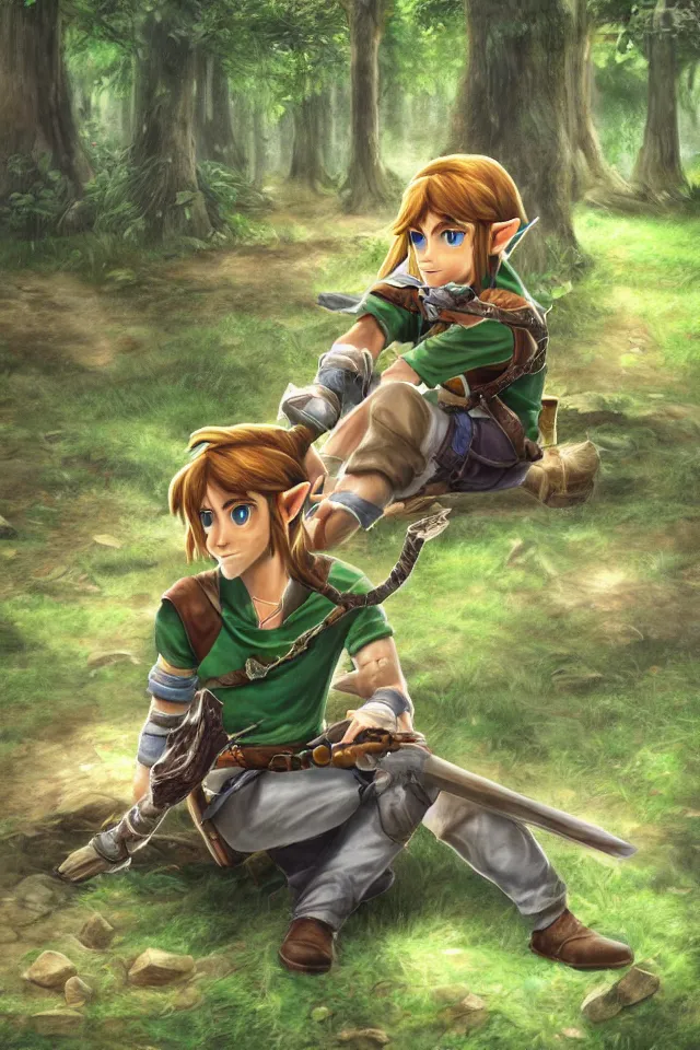 Image similar to a photorealistic portrait of link sitting in woods of hyrule playing ocarina, with a ultra detailed texture and a dreamy atmosphere, hdr, cinematic scene, beautiful light