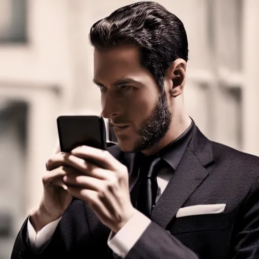 Image similar to man in a black suit, holding a very advance phone, photorealistic, realistic, dramatic, cinematic, cinematic, photography