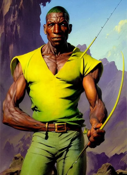 Image similar to magic : the gathering fantasy character concept art by frank frazetta and marco bucci, high resolution. a clear portrait of an athletic male jamaican, wearing yellow green calico clothing, holding a fishing rod, shores of jamaica in the background, symmetry, fantasy coloring, intricate, 8 k, digital painting, artstation, smooth, sharp focus