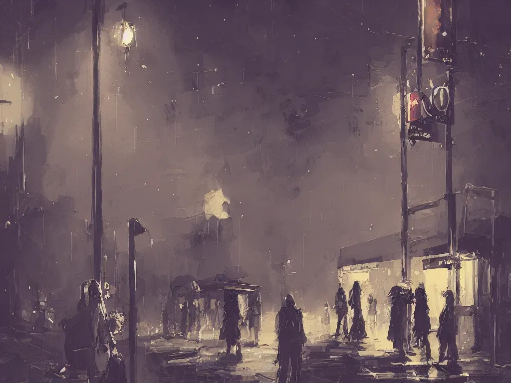 Prompt: few people waiting in a bus stop in dark city night, high quality, detailed, high resolution, in the style of ismail inceoglu