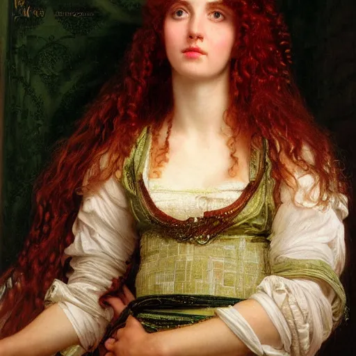 Image similar to a portrait of a beautiful girl with bright red curly long hair and green eyes, with a pretty baroque frame and a devoted posture, she is facing left but her eyes are looking at the viewer, in the style of lawrence alma - tadema, extremely detailed, golden ratio, 8 k