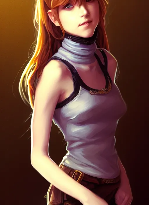 Image similar to portrait of a full body of beautiful young female detective, d & d, sleeveless turtleneck, fantasy, flat lighting, intricate, highly detailed, digital painting, artstation, concept art, smooth, sharp focus, illustration, misa amane, art by simon bisley and greg rutkowski and alphonse mucha, natural tpose