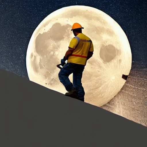 Image similar to two construction workers removing the moon from the sky