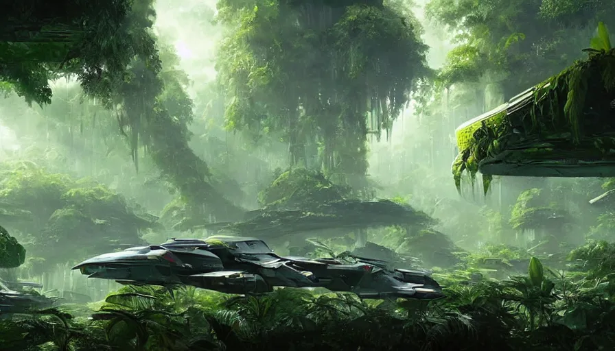 Image similar to a beautiful painting of a crashed battlestar galactica a lush jungle, ray traced lighting by kalin popov and greg rutkowski