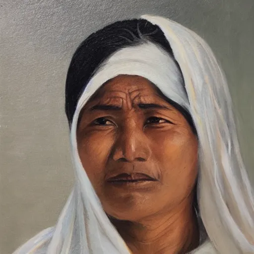 Image similar to a nepali woman wearing a white shawl, sad, oil painting