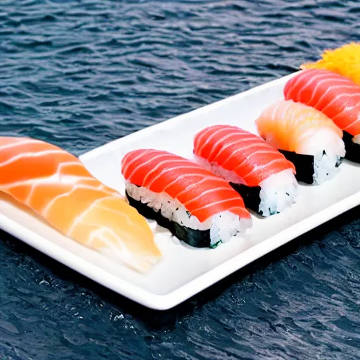 Prompt: sushi floating in the middle of the sea