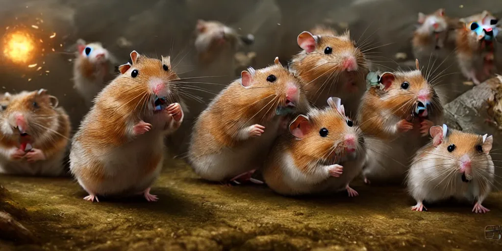 Image similar to highly detailed image of hamsters in a battle, hamsters, hamsters holding rifles, stephen bliss, unreal engine, fantasy art by greg rutkowski, global illumination, radiant light, detailed and intricate environment