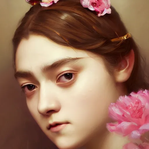 Image similar to expressive oil painting, of arya stark, smooth glowing skin, ornate headpiece made from pink flowers, glamour shot, by yoshitaka amano, by bouguereau, bygreg rutkowski, by jeremyg lipkinng, by artgerm, digital art, octane render