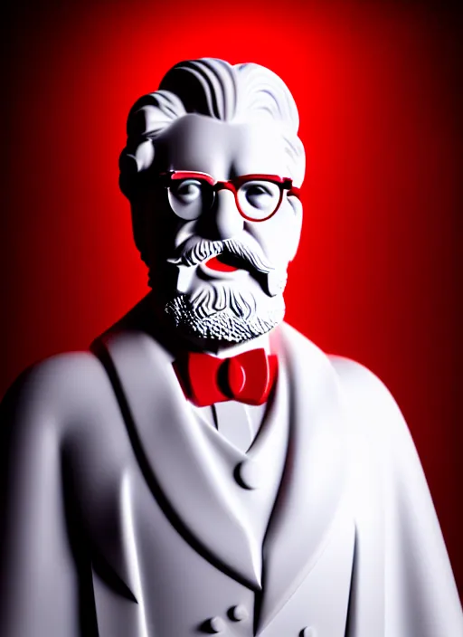 Image similar to colonel sanders as marble statue, in red background, soft red texture, red realistic 3 d render, high red lights, 4 k, high detailed photography cape, 5 0 mm lens, rich blue colors, smooth gradients, depth of field, cinematic