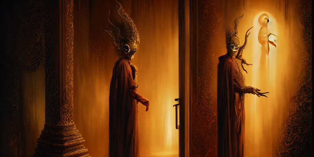 Prompt: a scary thai ghost standing in front of hotel door so noone can escape by karol bak, james jean, tom bagshaw, rococo, sharp focus, trending on artstation, cinematic lighting, hyper realism, octane render, 8 k, hyper detailed, vivid, ultra detailed, highly detailed, 4 k, photography