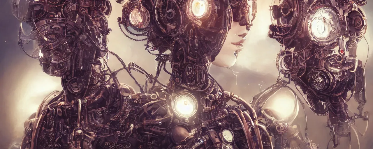 Image similar to portrait of a steampunk sci-fi machine, third person, D&D, sci-fi fantasy, intricate, hologram colors , highly detailed, art by Range Murata, highly detailed, 3d, octane render, bright colors, digital painting, trending on artstation, sharp focus, illustration style of Stanley Artgerm,