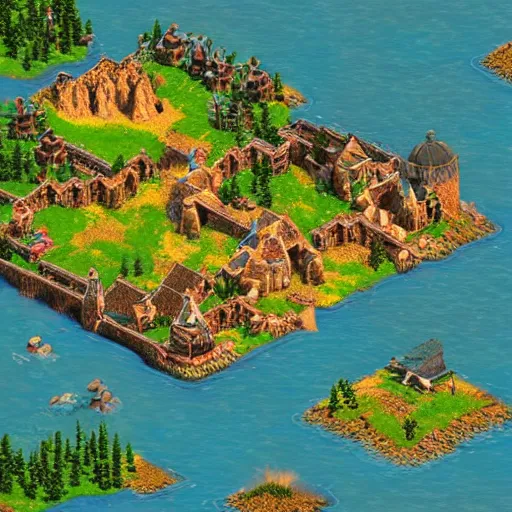 Prompt: isometric map of age of empires video game website , procedural, Travian, AOE2 , civilization, river, forest, cave, mountain, woods, hills, buildings, Insane Details, Digital Art, Epic Atmosphere, Extremely Detailed, aztecs